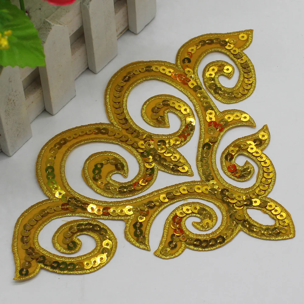 1 Piece Sequin Appliqued Gold Embroidery Patches Trims Iron on Cosplay Costumes Dress Dcoration 13*19cm