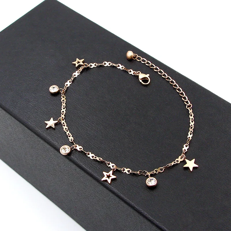 Hot Cute 8 Shape Chain Four Stars Three Crystal Woman Anklets High Quality Titanium Steel Rose Gold Color Woman Like Anklet Gift