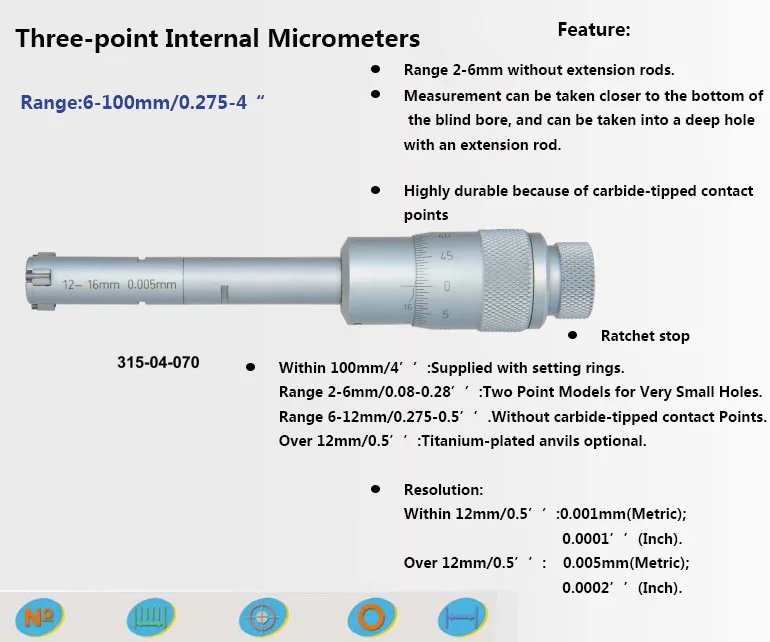 Three-point Internal Micrometers 50-63mm 62-75mm 75-88mm 87-100mm