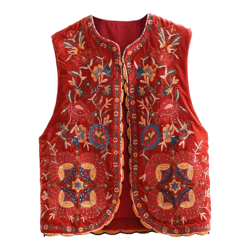 Gilet en velours à paillettes pour femmes, cardigan sans manches, gilet décontracté, broderie florale, mode vintage, automne, 2023