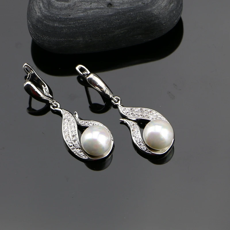 925 Sterling Silver Jewelry Sets Freshwater Pearls With White Beads Women Wedding Earrings/Pendant/Ring/Necklace Set