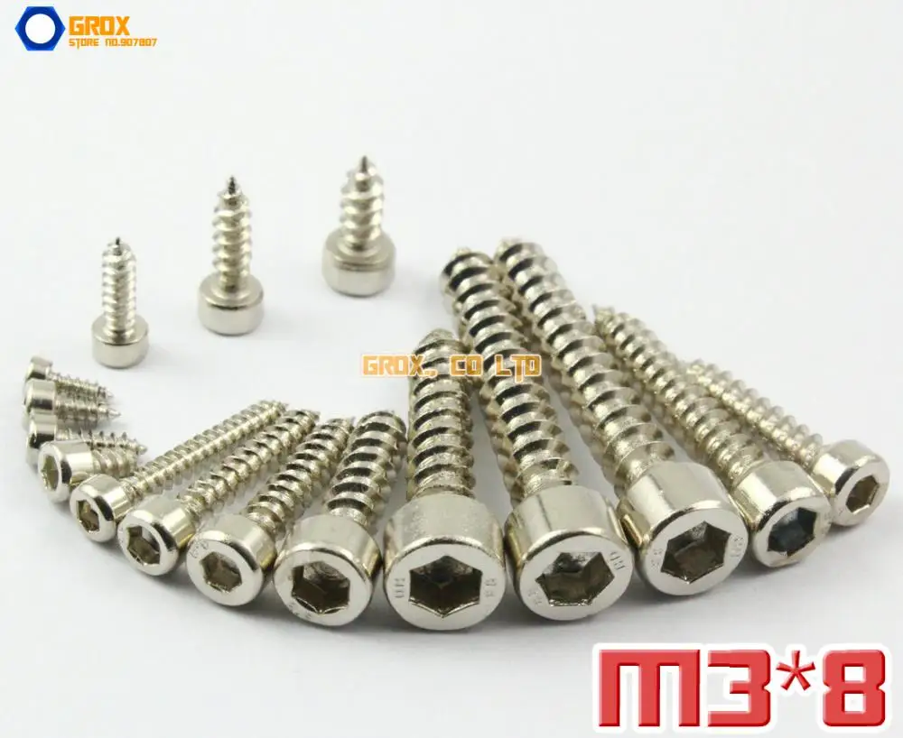 100 Pieces M3 x 8mm 8.8 Grade Alloy Steel Nickel Plated Hexagon Socket Cap Head Self Tapping Screw Model Screw