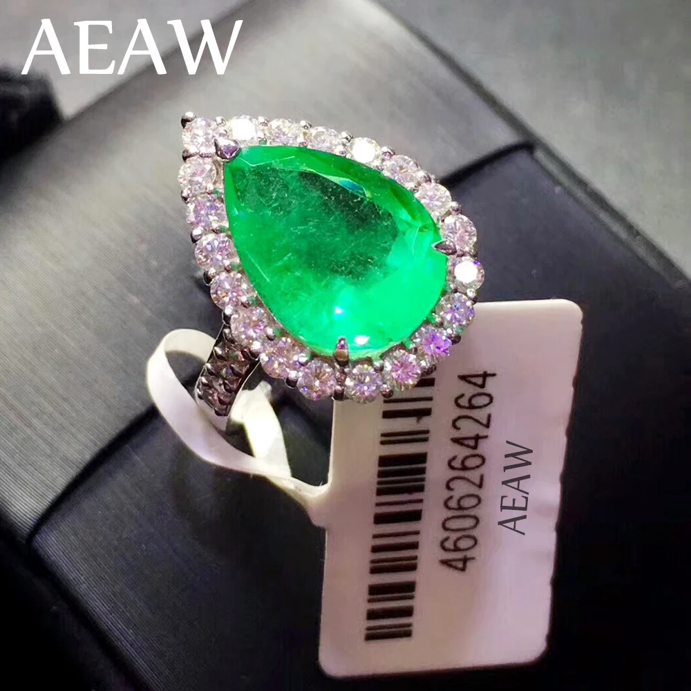 AEAW 4ct AAA Pear Lab Grown Colombian Emerald CCE Emgagement Ring Genuine Solid 14k White Gold with Lab Diamond Moissanite