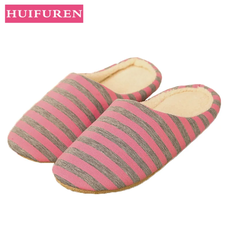 Women Indoor Slippers Short Plush Spring Autumn Flat Shoes Woman Home Bedroom Slides Striped Slip On Female House Floor Slippers