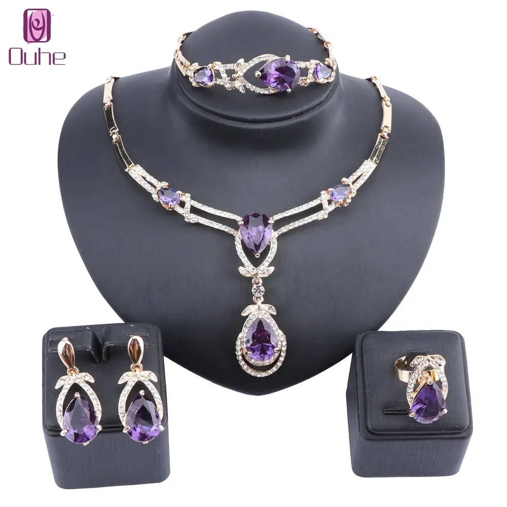 Women Gold Color Purple Zircon Crystal African Beads Necklace Bracelet Earring Ring Saudi Jewelry Set Party Bridal Decoration