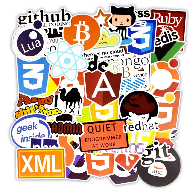 50Pcs Internet Java JS Php Html Stickers Cloud Docker Bitcoin Programming Language APP Logo Laptop Car Stickers Toys for kids