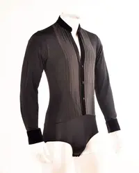 latin dance velvet collar satin front shirt cardigan stitching buttons  men Latin dance bodysuit shirt MS15001