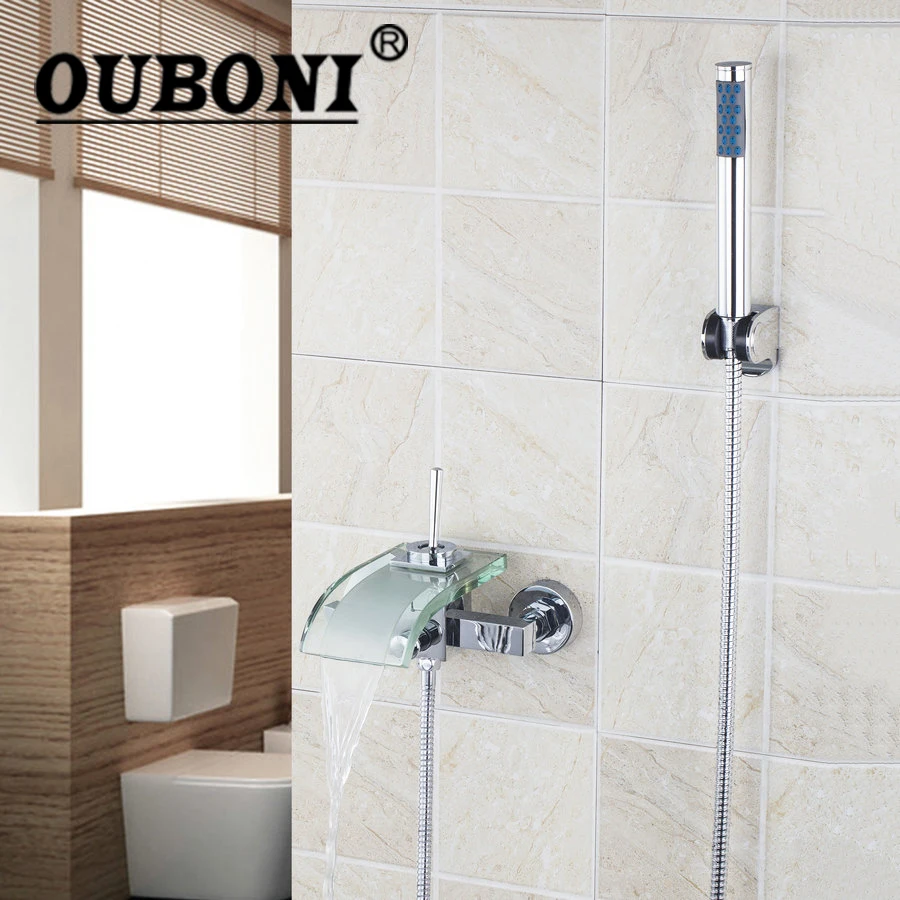 OUBONI Wall Mounted Waterfall Single Lever Dual Control Contemporay Chrome Clear Glass Spout With Handheld Shower Mixer Faucet