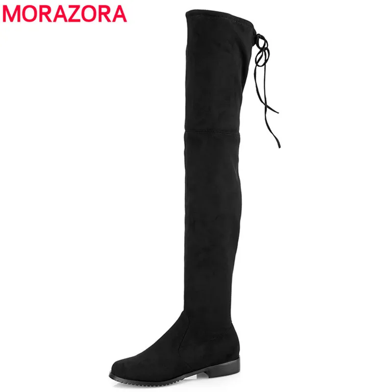 MORAZORA 2021 New Women Boots Stretch Faux Suede Over the Knee Boots Flat Thigh High Boots Ladies Long autumn winter shoes gray