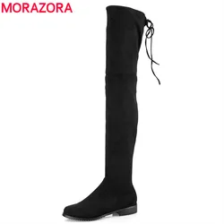 MORAZORA 2021 New Women Boots Stretch Faux Suede Over the Knee Boots Flat Thigh High Boots Ladies Long autumn winter shoes gray