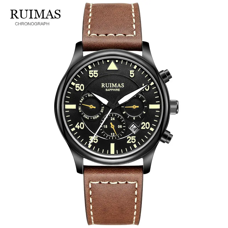 

RUIMAS Military Sport Watch Men Automatic Mechanical Working Sub-dials Calendar Date Leather Strap Mens Watches Top Brand Luxury