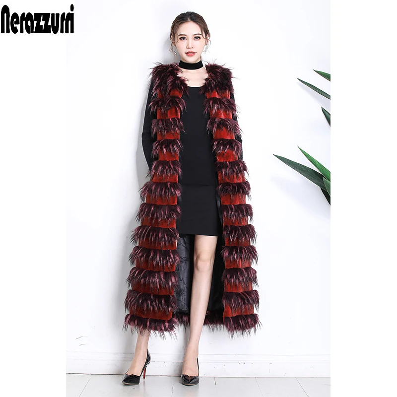 Nerazzurri Winter Long Shaggy Warm Thick Patchwork Faux Fur Vest Women Elegant Striped Furry Waistcoat Sleeveless Jacket 2021