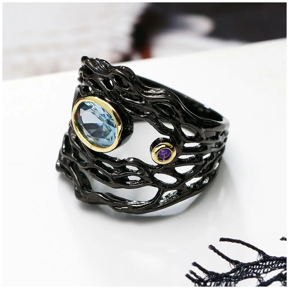 DreamCarnival 1989 Neo-Gothic Series Hollow Sea Blue Zirconia Vintage Ring for Women Black Gold Color Braided Jewelry Drop Ship