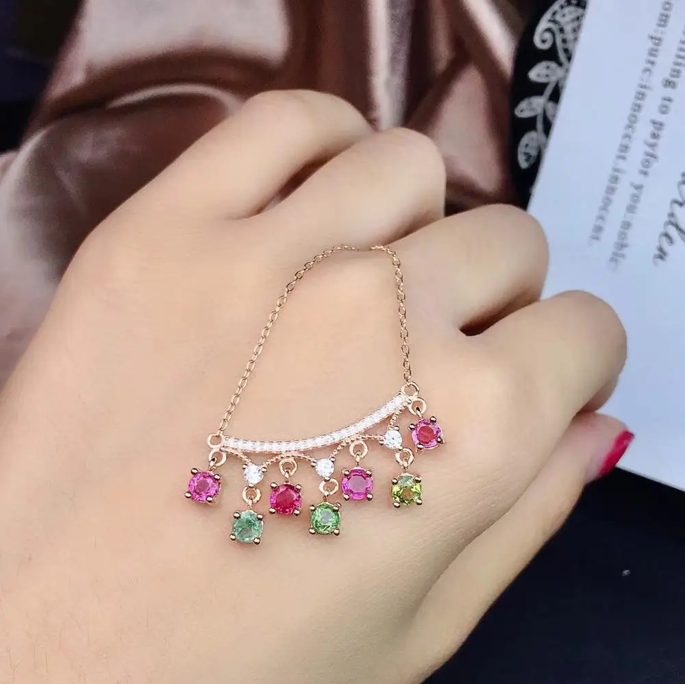 Beautiful multi-color natural tourmaline, each color is candy color, 925 silver necklace