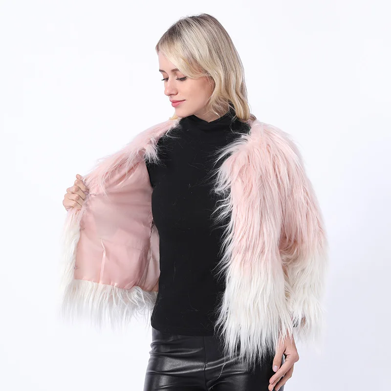 Women Jacket Faux Fur Coats Jackets  Sexy Fluffy Graudated Tint Cropped Jacket O-Neck Full Faux Fur Open Stitch Overcoat Female