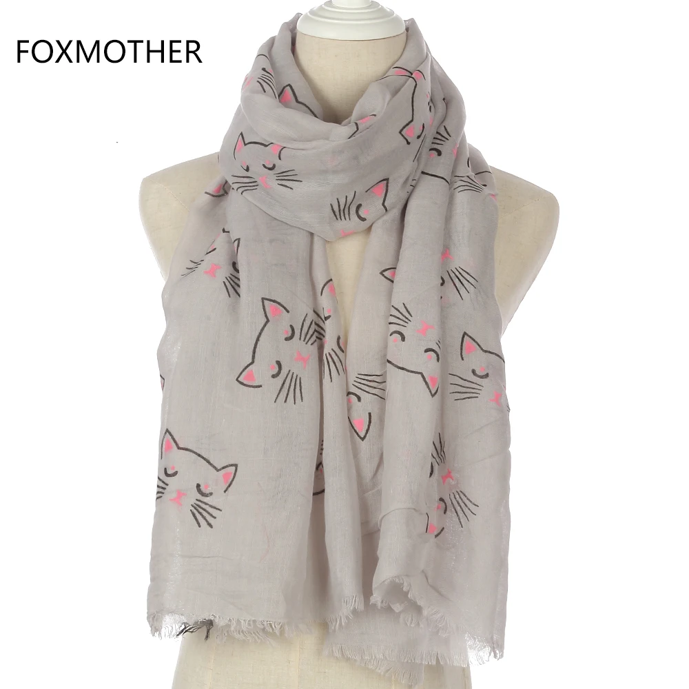 FOXMOTHER New Cute Fashion Ladies Black Grey Beige Cat Print Long Scarf For Womens