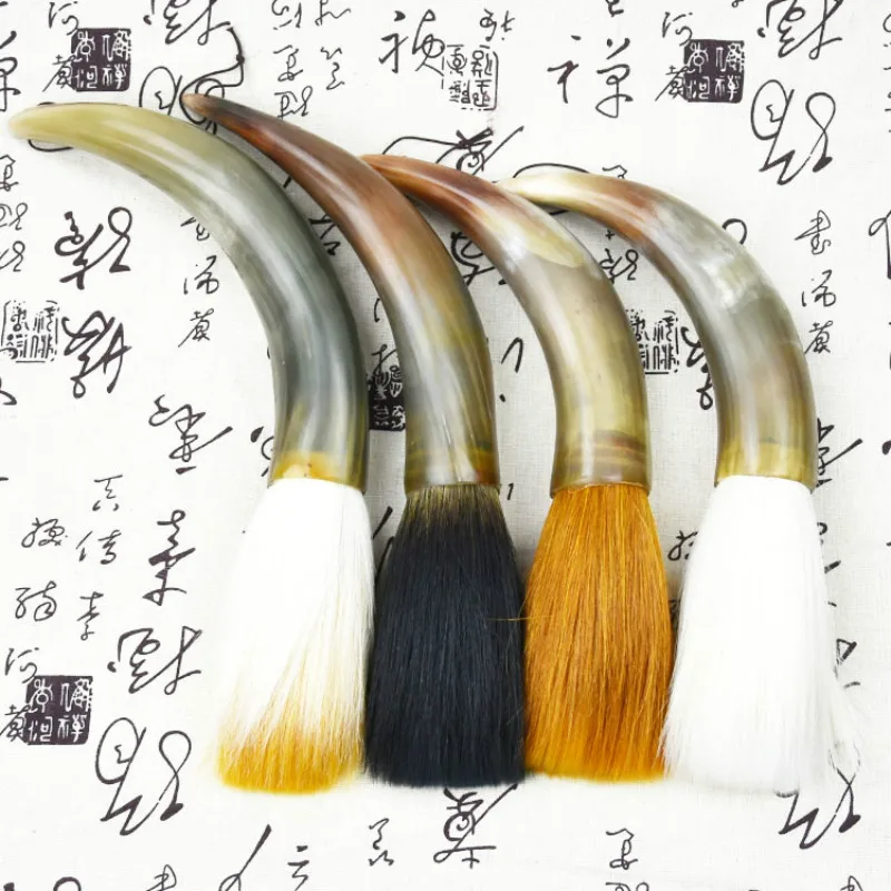 Chinese Traditional Calligraphy Brush Pen Crooked Ox Horn Penholder Weasel Hair Writing Brush Painting Hopper-sharped Brush Pen