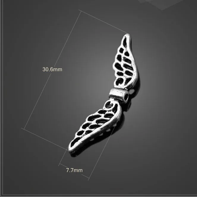 High quality 20 PCS/Lot 30.6mm*7.7mm alloy handmade antique silver plated angel wings charm diy beads for bracelets