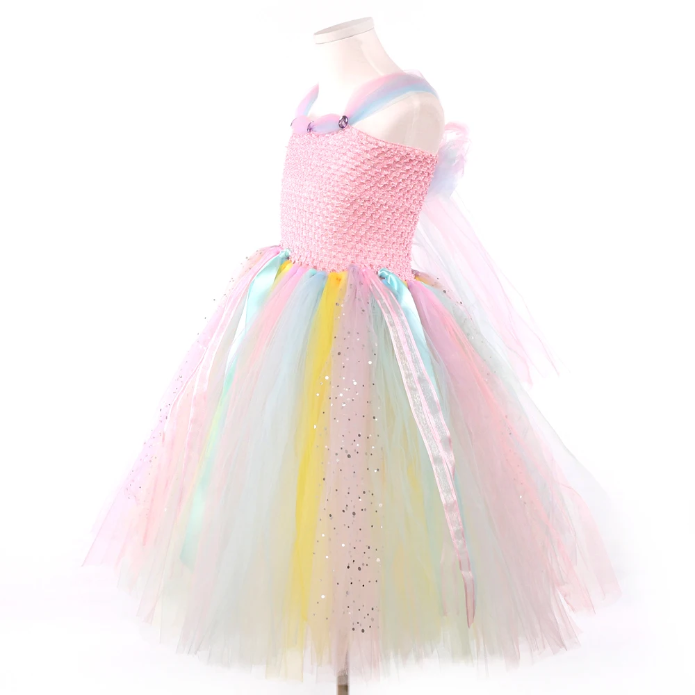 POSH DREAM Pink Fairy Flower Girls Tutu Dresses with Wings Set Rainbow Easter Party Children Kids Clothes Flower Wedding Dresses