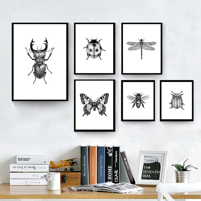 Insect Illustration Black And White Wall Art Canvas Painting Hand Drawn Bugs insect Posters And Prints Wall Pictures Home Decor