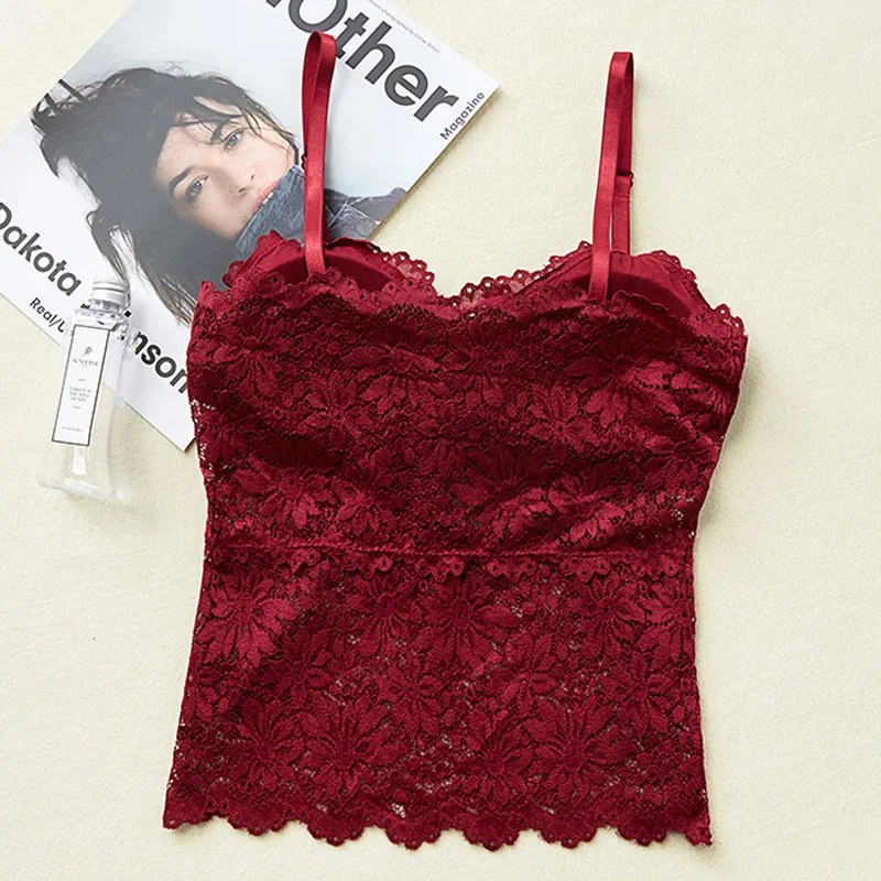 Lace Bra Women Tops Floral Lace Tanks Top Sexy Lingerie Bralette Wirefree Underwear Adjust Strap Removable Pads Camisoles
