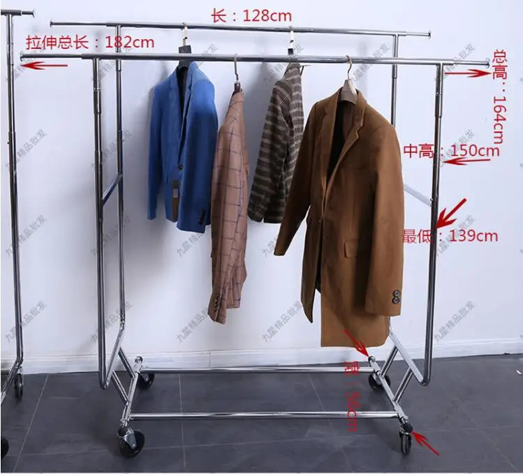 

Clothing store mobile telescopic rack floor folding horizontal bar hanger hanging stainless steel gantry rack