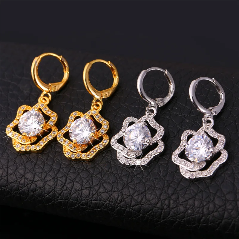 U7 Cubic Zirconia Wedding Jewelry Sets For Women Yellow Gold Color Rose Flower Earrings Ring Necklace Set For Women S727