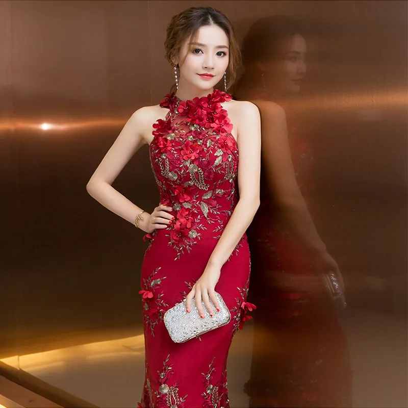 Red Mermaid Evening Dresses Halter Sleeveless Long Formal Party Dresses 3D Lace Embroider Floor Length Trumpet Evening Dresses