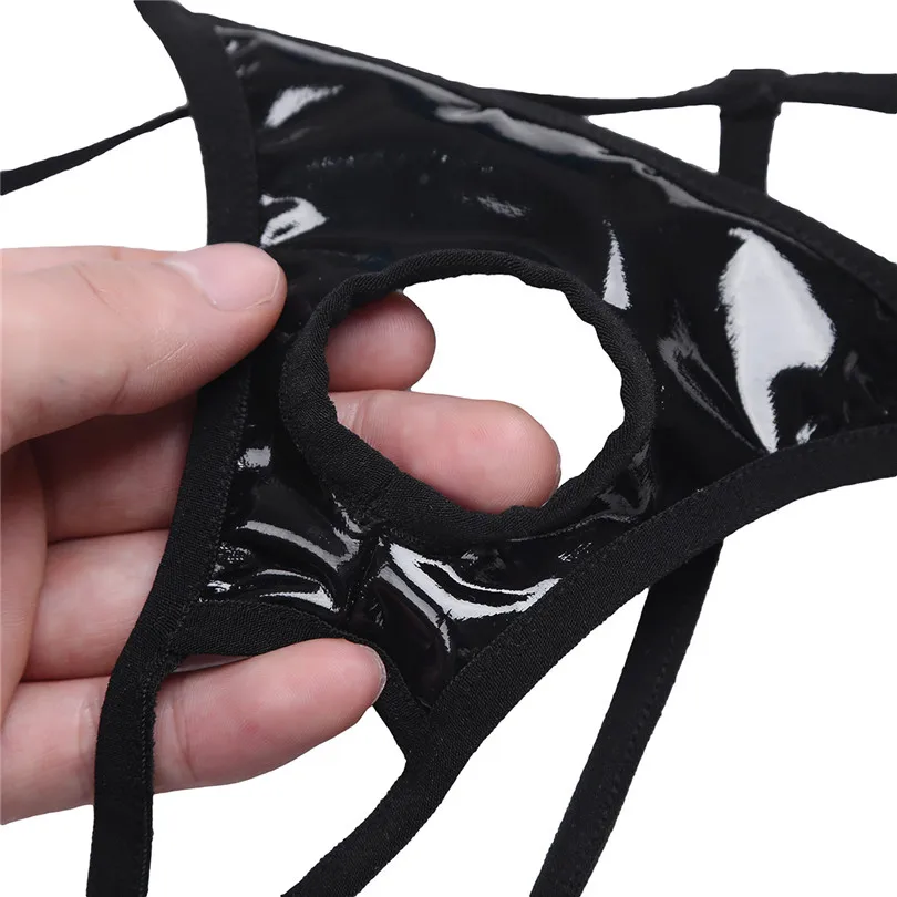 Mens Lingerie Patent Leather Panties String Bikini Thong Underwear Underpants with Penis Holes Sexy Gay Male Open Butt Underwear