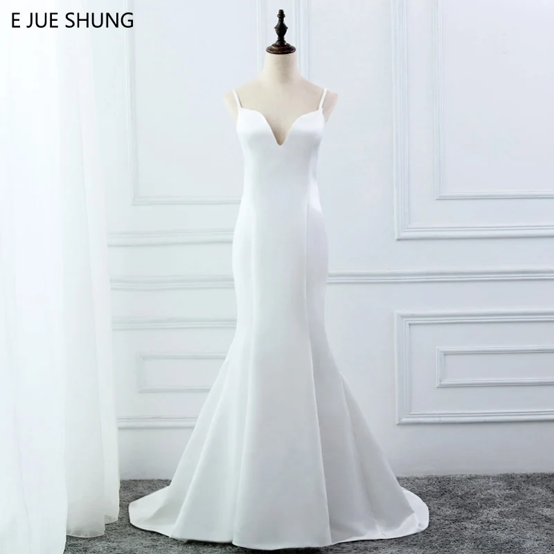 

E JUE SHUNG White Simple Summer Mermaid Wedding Dresses V-neck Spaghetti Straps Backless Boho Wedding Gowns robe de mariage