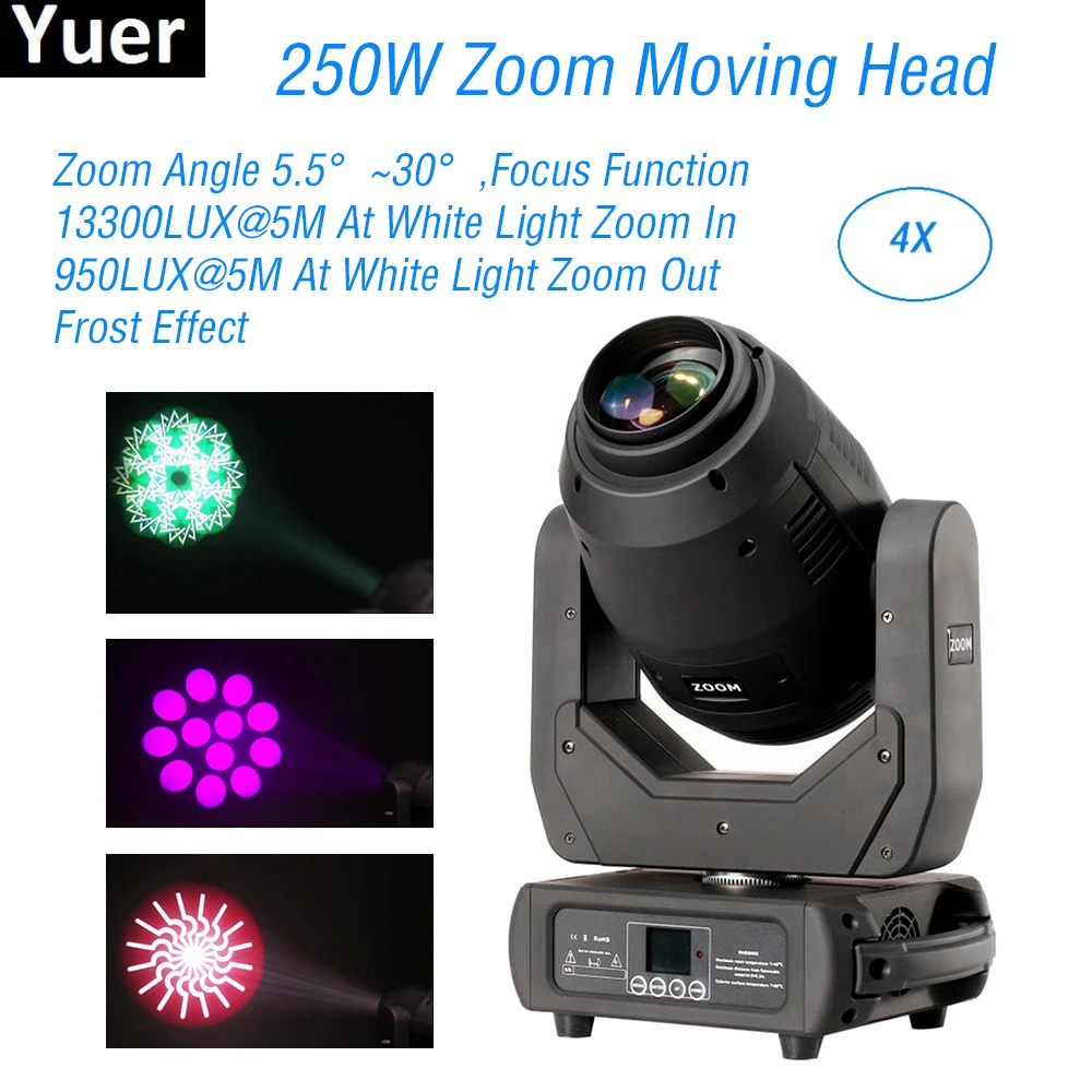 

4Pcs/Lot 250W LED Zoom Moving Head Light DJ Disco Equipment Stage Lights Sound Party Club Bar Flash Effect Lighting Moving Head