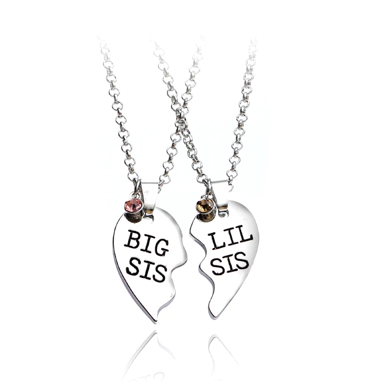 2pcs/set Heart Big SIS LIL SIS Necklace For 2 Handstamped BFF Couple Chains Pendant Family Necklace Engraved Girl Sister