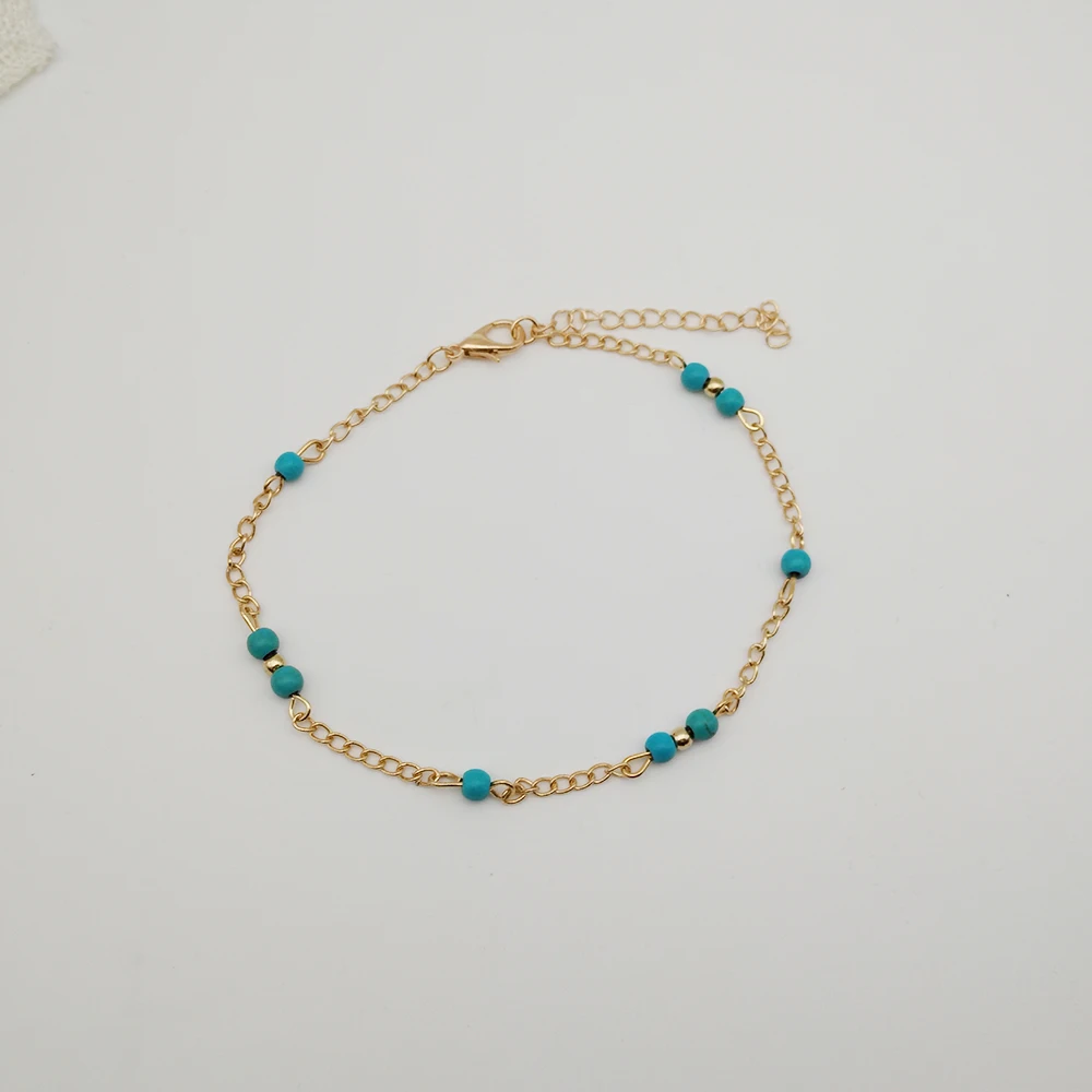 Blue Bead Anklet Simple Shape Silver color Gold color Plated with  Metal Chain Women gift