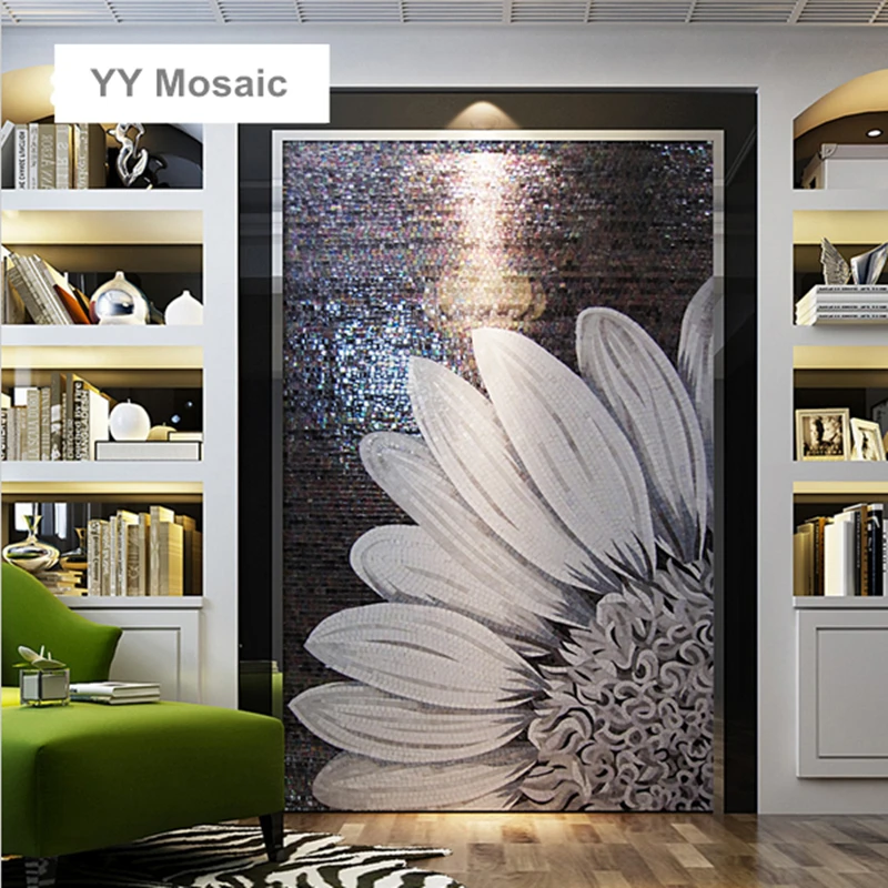 Customized Luxury Black White Mural Sunflower Glass Mosaic Tile for Hotel Bathroom Handcraft Art Mosaic Wall Decoration