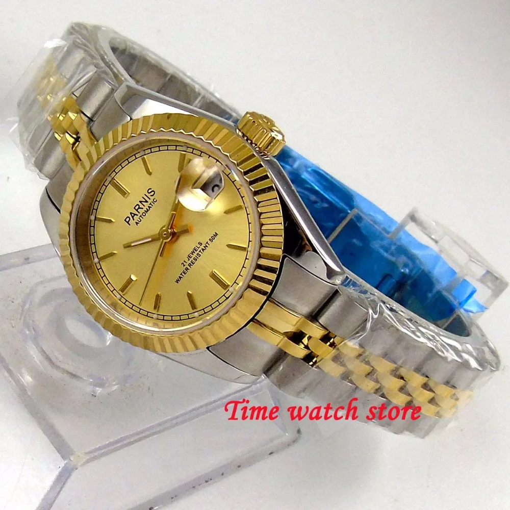 Imagem -03 - Parnis-miyota 6t51 Sapphire Glass Relógio de Pulso Movimento Automático Relógio Feminino Data Golden Dial Moldura Sólida 26 mm