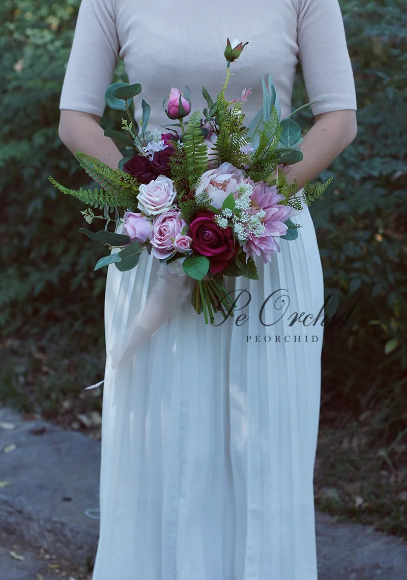 PEORCHID-ramo de flores artificiales para novia, peonías de diseño, color rosa burdeos, estilo de eucalipto verde, 2019