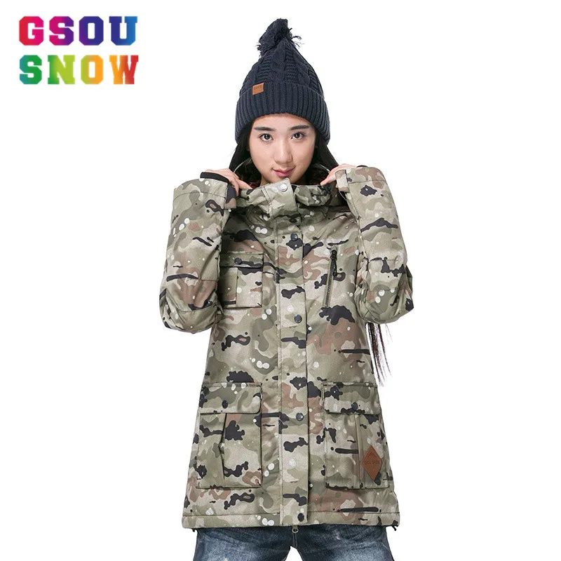 GSOU SNOW Ski Jacket Women's Camouflage Snowboard Jacket Winter Waterproof Hooded Outdoor  -30 Degree Camping Skiing suit Coat