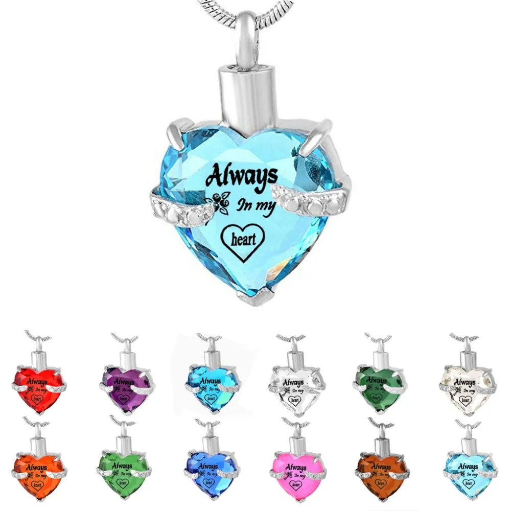 Always in My Heart 12 Birthstone Crystal Urn Necklace Heart Memorial Keepsake Pendant Cremation Jewelry