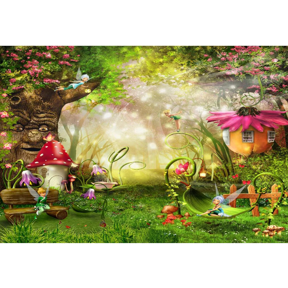 

Cymbozin Fairytale Wonderland Background Enchanted Forest Mushroom Flower Houses Fairies Princess Girl Birthday Party Backdrop