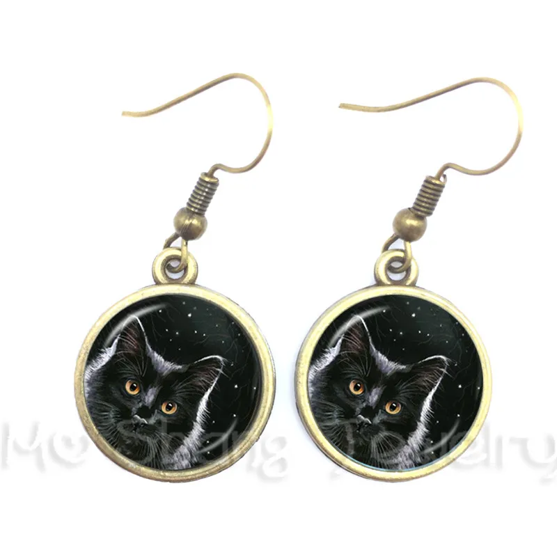 Black Cat Peeping Picture Round Glass Dome Earrings Animal Pattern Series Drop Earrings Cat Lover Gift Handmade Fashion Jewelry