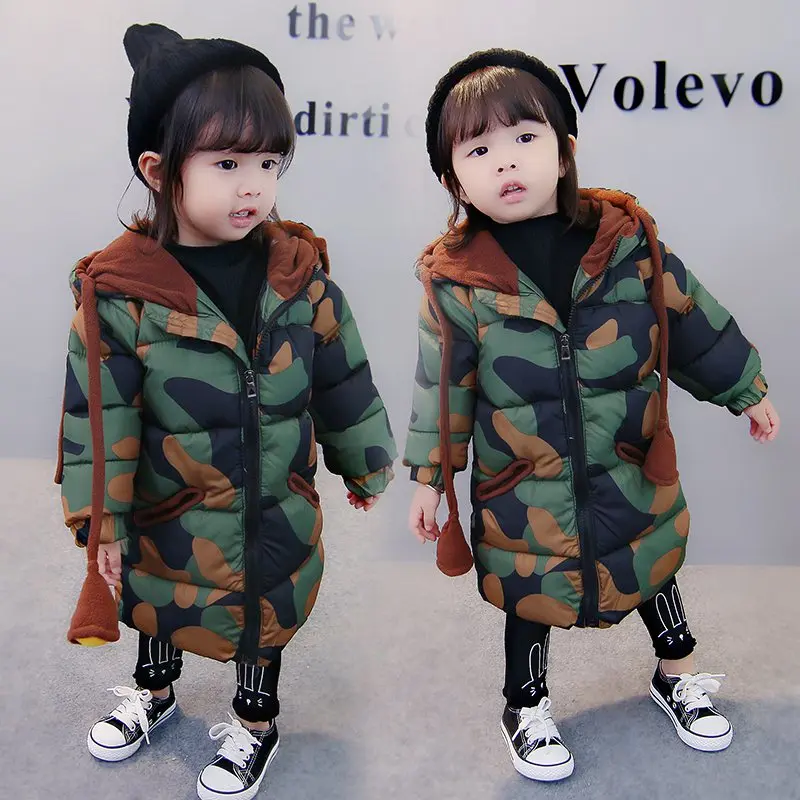 COOTELILI 73-120cm  Fashion Camouflage X-long Winter Jackets Girls Hooded Warm Thicken Coat For Boys Windproof Kids Clothes