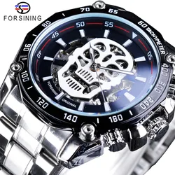 Forsining Silver Stainless Steel Men Luminous Skull Design Automatic Watches Top Brand Luxury Mechanical Skeleton Wrist Watches