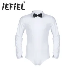 iEFiEL Mens Long Sleeve Zipper Solid Color Latin Modern Dance Shirt with Bowtie One-piece Romper Shirt Male White Tuxedo Shirt