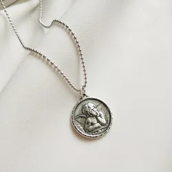 Vintage 925 Sterling silver Guardian angel Wings Coin Pendant Beads chain image figure design wild Necklace C-B316