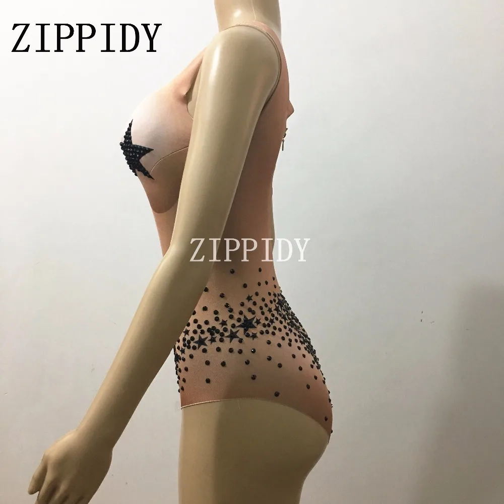 Fashion Sexy Stretch Nude Bodysuit Women's Nightclub Wear Stars Crystals Bodysuit Outerwear Dance Outfit Performance