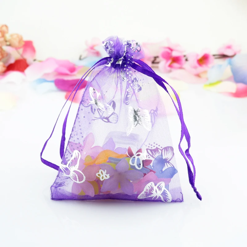 Wholesale 100Pcs/Lot Deep Purple Organza Bag 9x12cm Butterfly Design Drawstring Gif Bag Candy Jewelry Packaging Bags Pouches