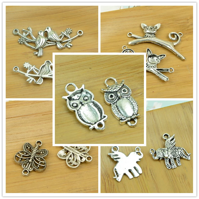 

2/two holes connector elephant/butterfly/cat/bird/owl/animals shape pendant antique silver vintage jewelry accessories findings