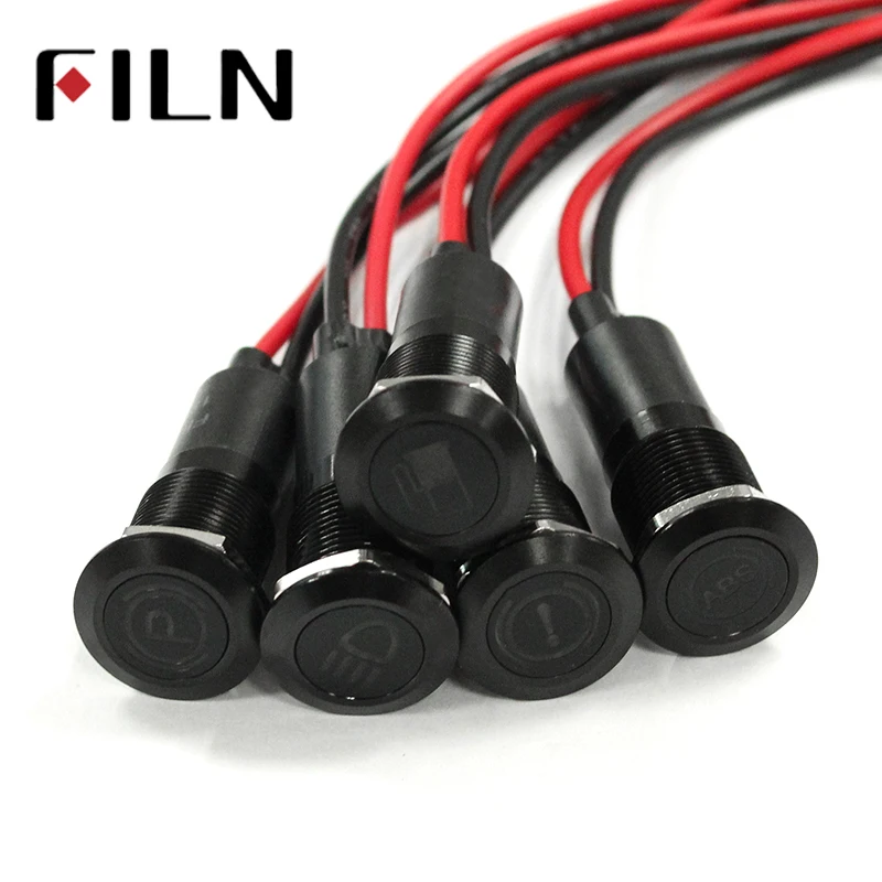 FILN 14mm black shell led red yellow blue green car applicance symbol 12v led indicator light with 20cm cable