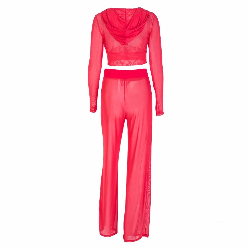 Sexy crop top two piece set tracksuit women gauze Fashion Hoodie Pant cropped tops