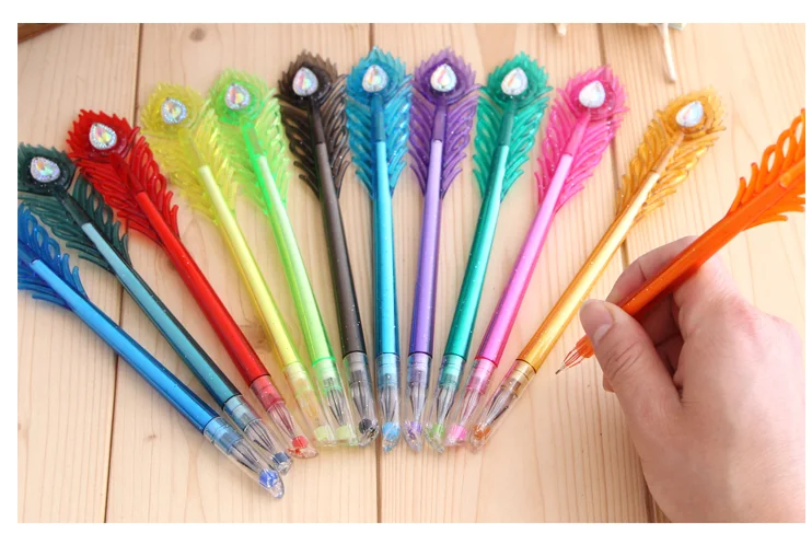 12pcs kawaii Diamond Unisex Pen 0.38MM Feather Peacock Multicolour Pens For Kids Painting Drawing Set Cute Stationery pen